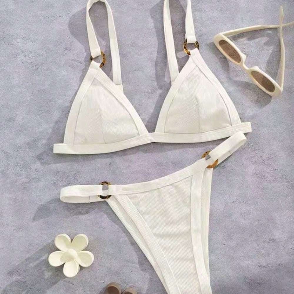 2026 Women's Color Block Bikini, White Trim Triangle Top & High Cut Bottoms For Beach