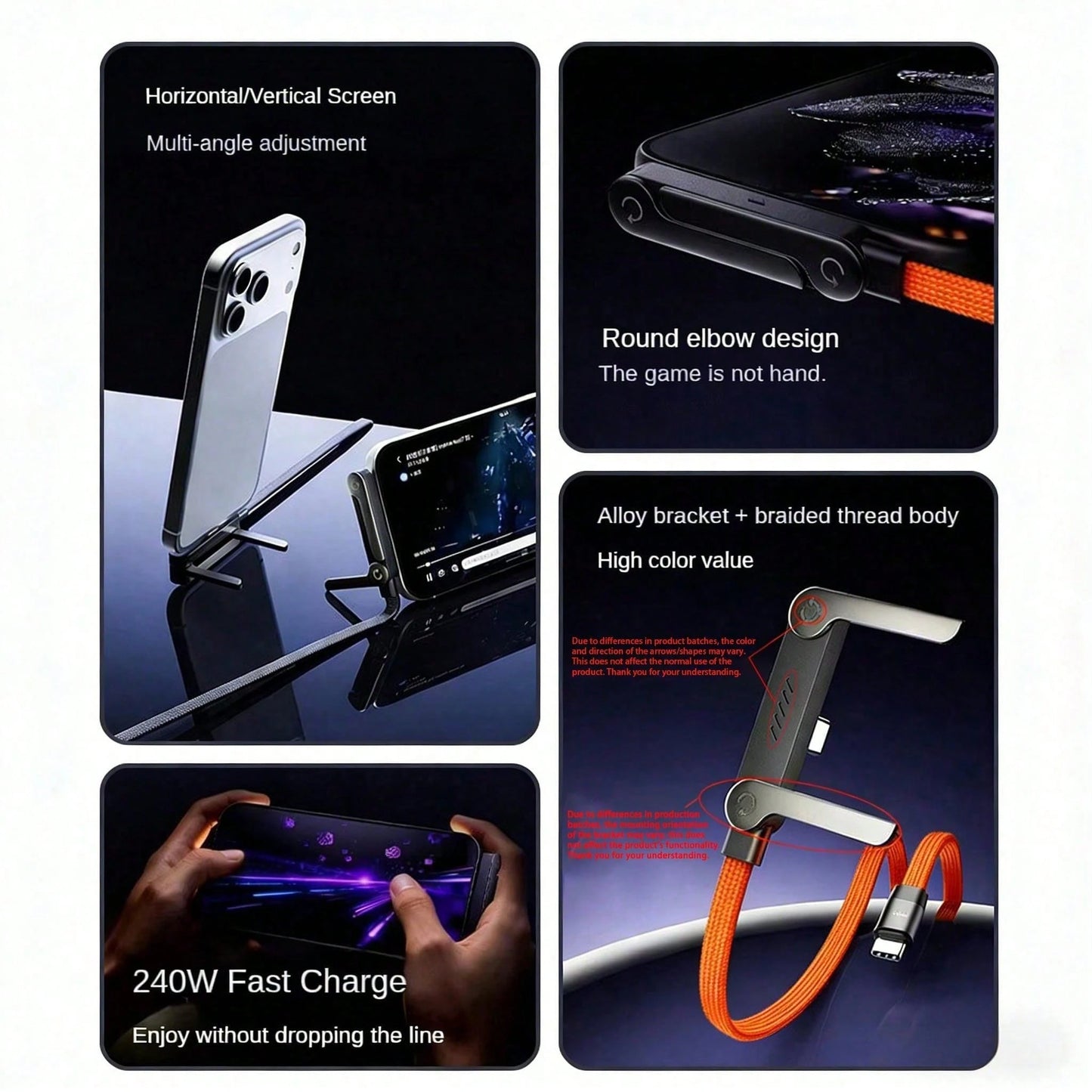 240W (Max Power) Orange Fast Charging Braided Data Cable, Latest 2026 Model Orange Stand Data Cable, Made Of Nylon Braided Material, Supports Fast Charging, Built-In Phone Stand, T-Shaped Foldable Des