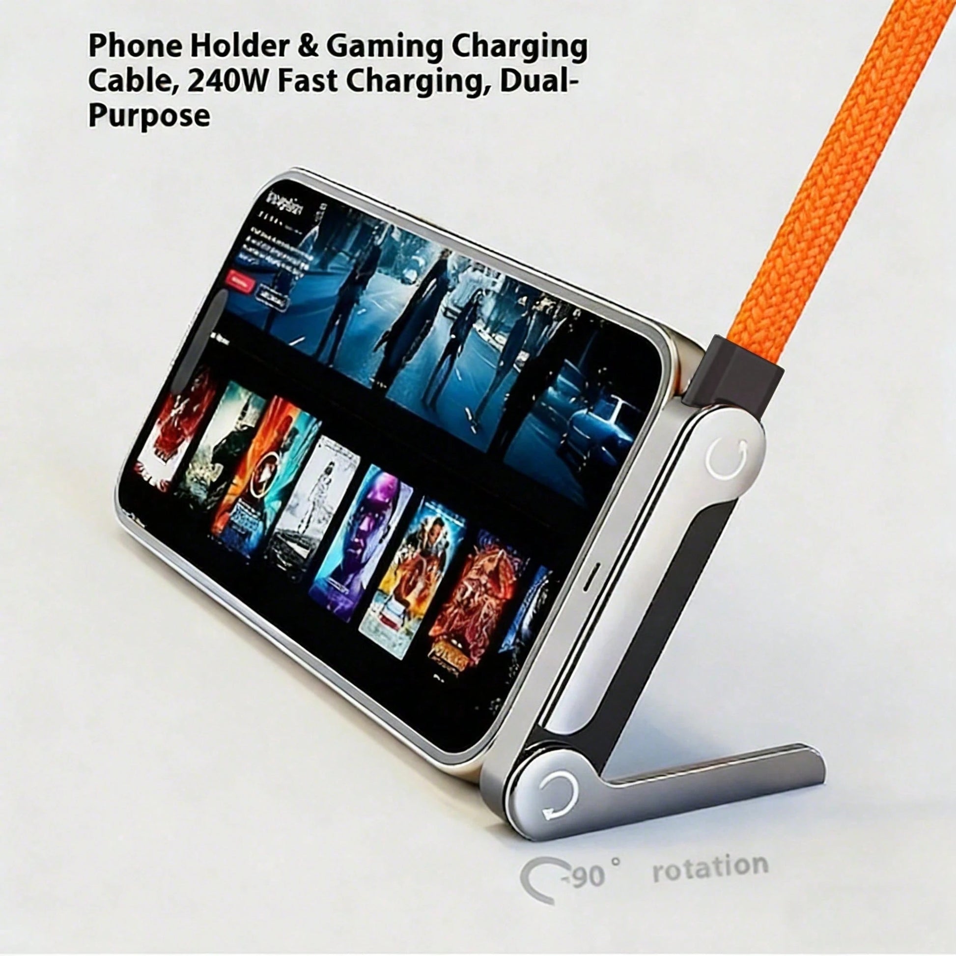 240W (Max Power) Orange Fast Charging Braided Data Cable, Latest 2026 Model Orange Stand Data Cable, Made Of Nylon Braided Material, Supports Fast Charging, Built-In Phone Stand, T-Shaped Foldable Des