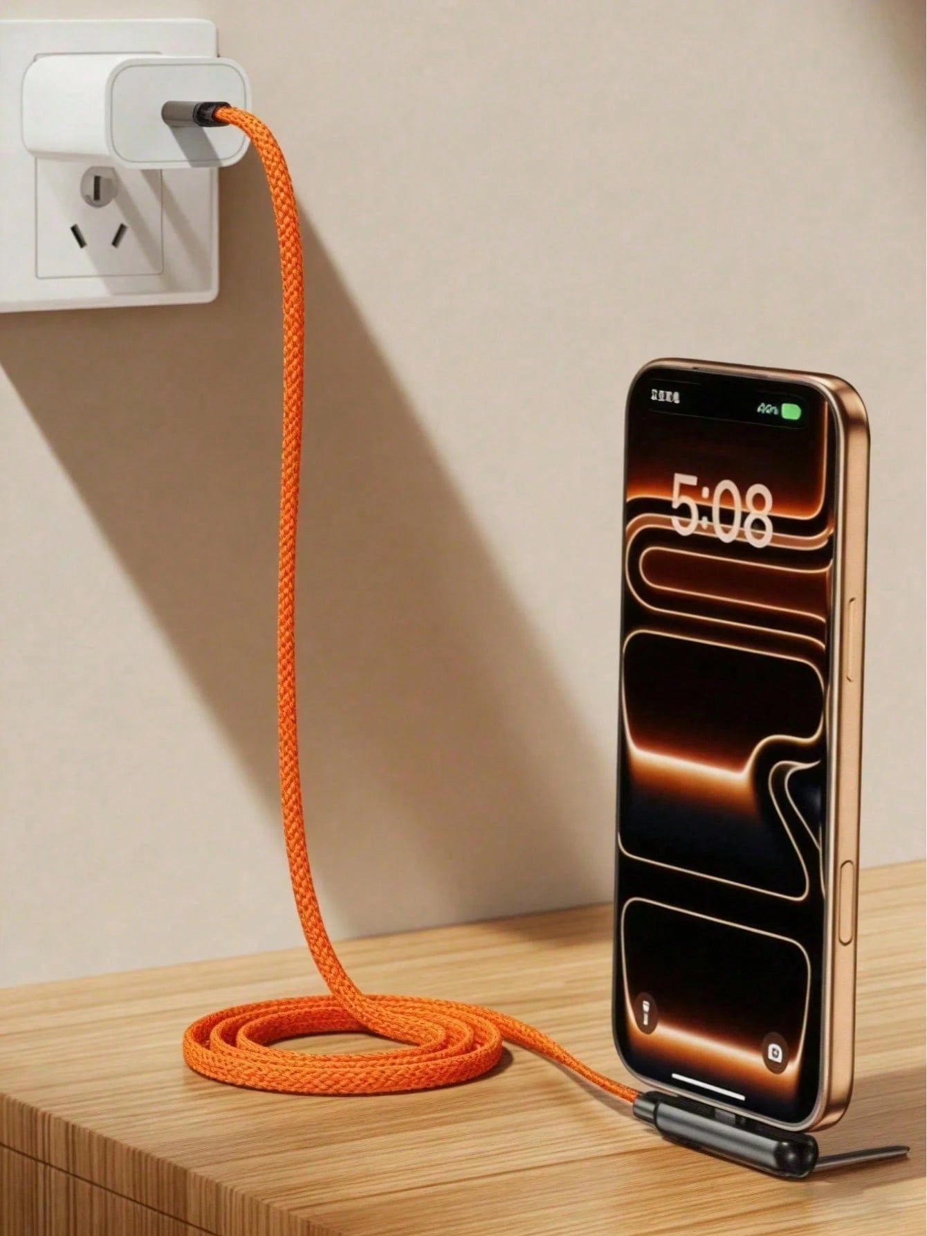 240W (Max Power) Orange Fast Charging Braided Data Cable, Latest 2026 Model Orange Stand Data Cable, Made Of Nylon Braided Material, Supports Fast Charging, Built-In Phone Stand, T-Shaped Foldable Des