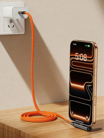 240W (Max Power) Orange Fast Charging Braided Data Cable, Latest 2026 Model Orange Stand Data Cable, Made Of Nylon Braided Material, Supports Fast Charging, Built-In Phone Stand, T-Shaped Foldable Des