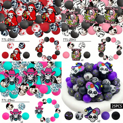 25/34/44PCS Skull Theme Silicone Beads Set, Skull Gesture Skull Head Shaped Loose Beads For DIY Beaded Necklace, Bracelet, Pen Decoration, Jewelry Pendant, Halloween Gift, Beads & Bead Assortments