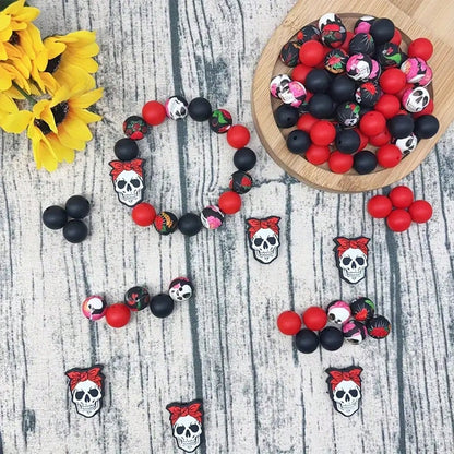25/34/44PCS Skull Theme Silicone Beads Set, Skull Gesture Skull Head Shaped Loose Beads For DIY Beaded Necklace, Bracelet, Pen Decoration, Jewelry Pendant, Halloween Gift, Beads & Bead Assortments