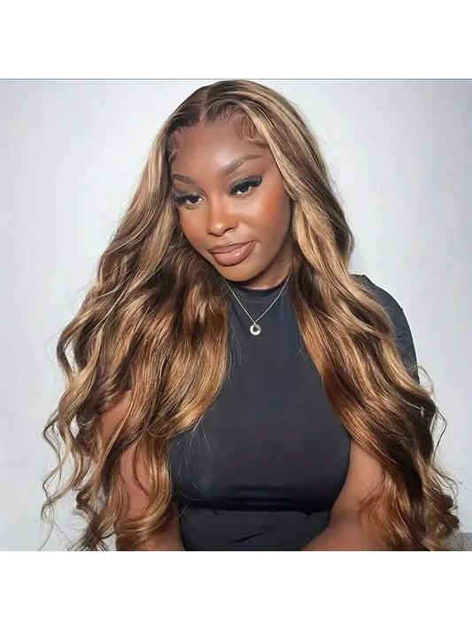 250% Density 34 Inch Human Hair Highlight P4/27 Honey Blonde Body Wave 13*4 Lace Front Hai Wigs For Women Transparent HD Lace Front Body Wave Wigs