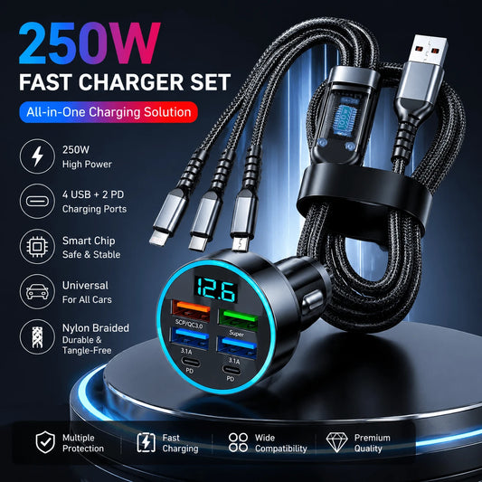 250W Multi-Port Fast Car Charger + All-In-One Charging Cable Set,Charge 6 Devices Simultaneously| Universal For All Cars| Smart Chip Braided Cable