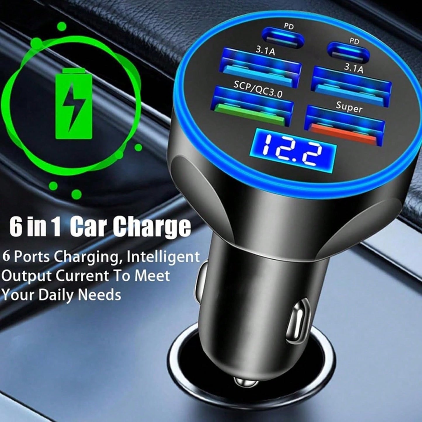 250W Multi-Port Fast Car Charger + All-In-One Charging Cable Set,Charge 6 Devices Simultaneously| Universal For All Cars| Smart Chip Braided Cable