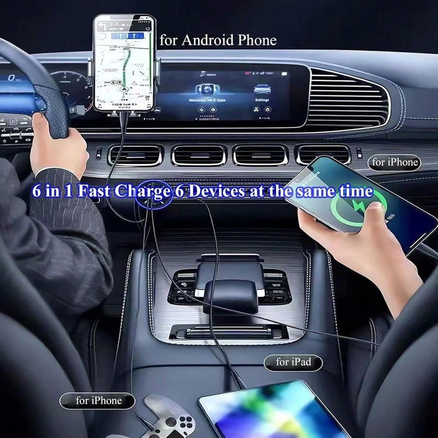 250W Multi-Port Fast Car Charger + All-In-One Charging Cable Set,Charge 6 Devices Simultaneously| Universal For All Cars| Smart Chip Braided Cable