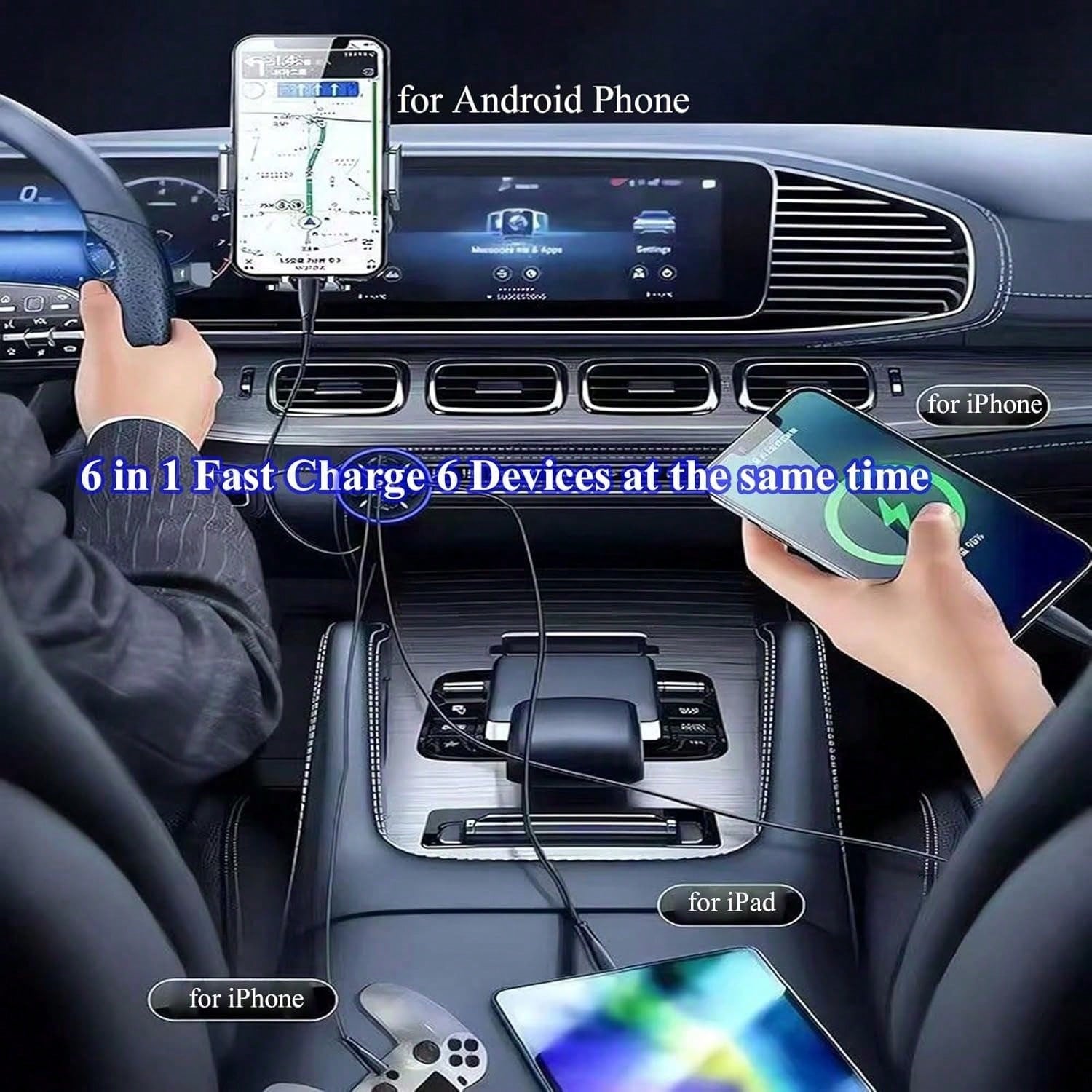 250W Multi-Port Fast Car Charger + All-In-One Charging Cable Set,Charge 6 Devices Simultaneously| Universal For All Cars| Smart Chip Braided Cable