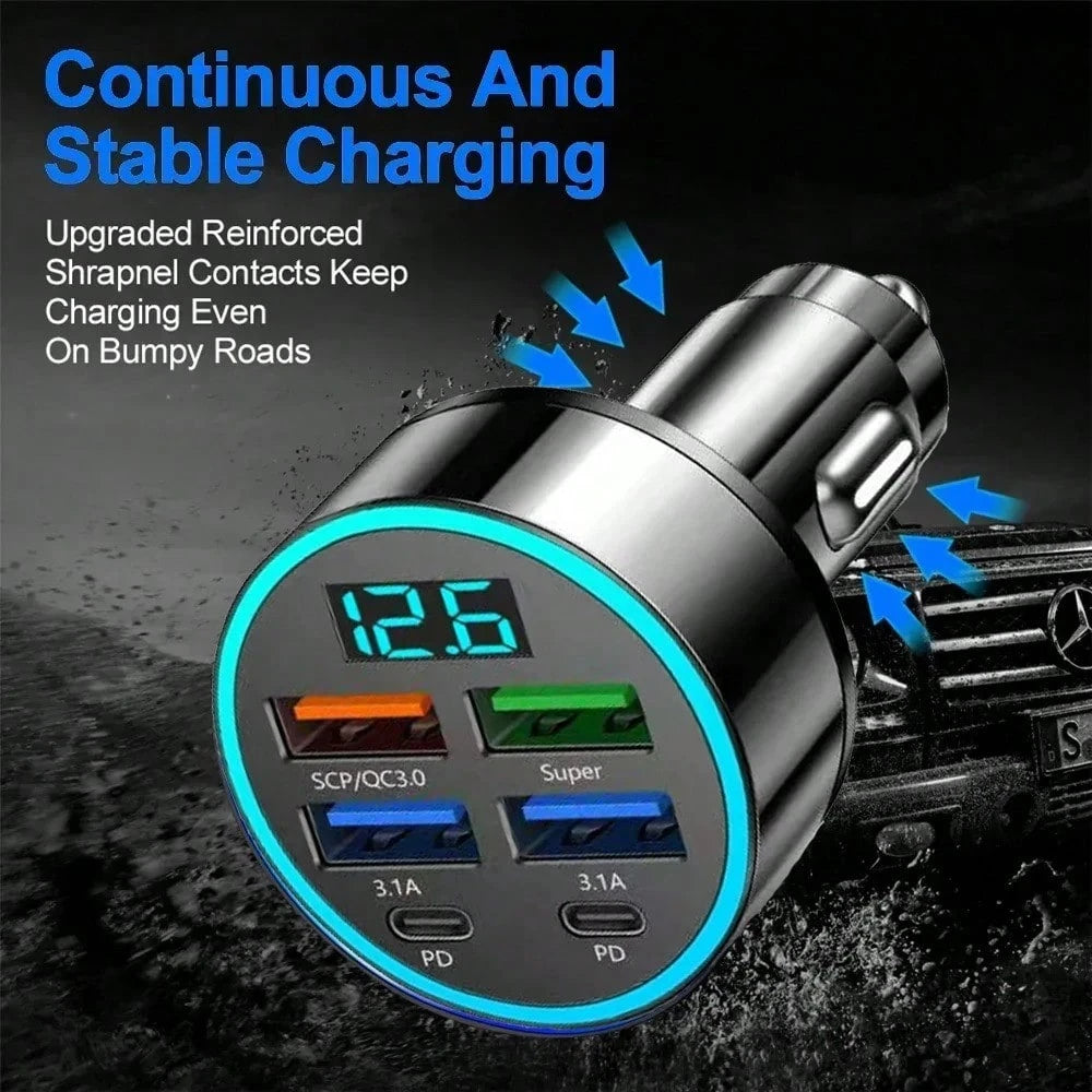 250W Multi-Port Fast Car Charger + All-In-One Charging Cable Set,Charge 6 Devices Simultaneously| Universal For All Cars| Smart Chip Braided Cable