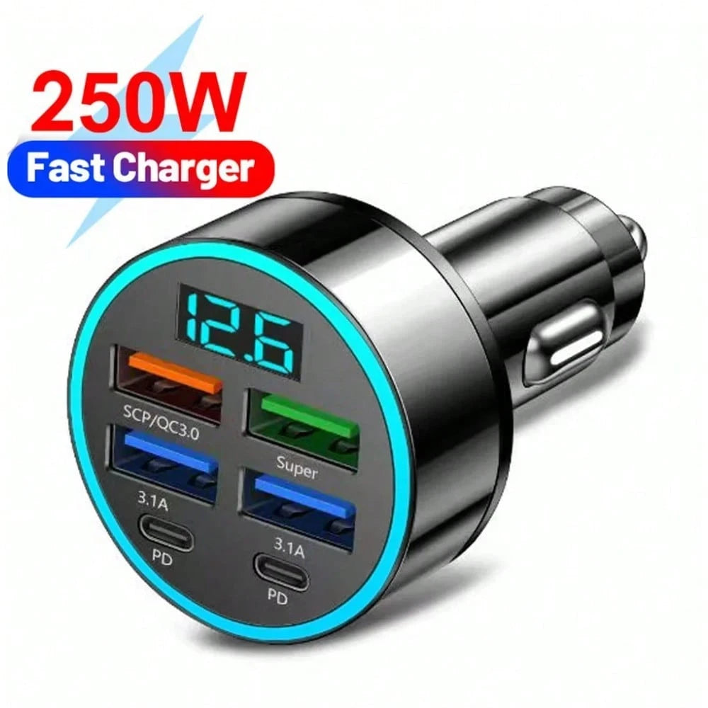 250W Multi-Port Fast Car Charger + All-In-One Charging Cable Set,Charge 6 Devices Simultaneously| Universal For All Cars| Smart Chip Braided Cable
