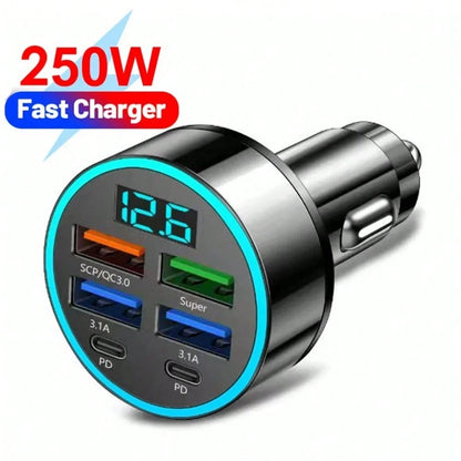 250W Multi-Port Fast Car Charger + All-In-One Charging Cable Set,Charge 6 Devices Simultaneously| Universal For All Cars| Smart Chip Braided Cable
