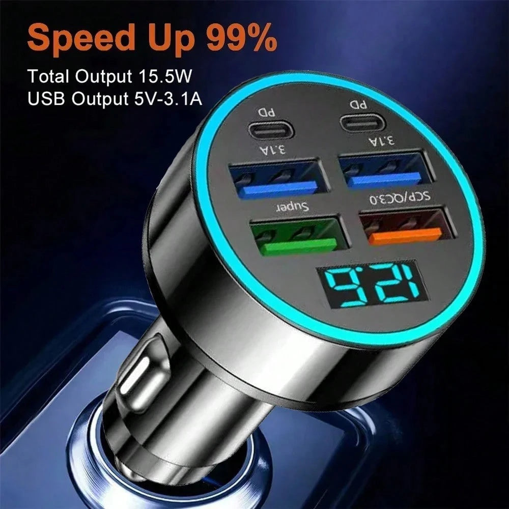 250W Multi-Port Fast Car Charger + All-In-One Charging Cable Set,Charge 6 Devices Simultaneously| Universal For All Cars| Smart Chip Braided Cable