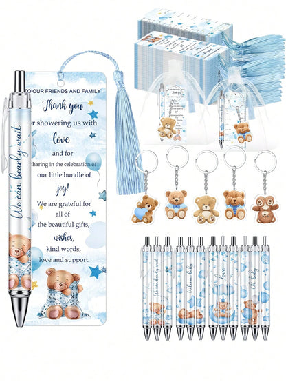 25pcs/5sets- Baby Bear Shower Party Favors: "Oh, Baby" Ballpoint Pens, Cute Bear Party Favor Keychains, Adorable Bear Thank You Card Bookmarks, And Organza Bag Tags- Perfect For Gender Reveal Partie