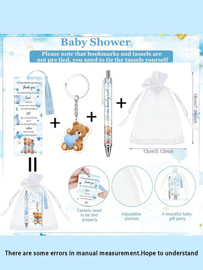 25pcs/5sets- Baby Bear Shower Party Favors: "Oh, Baby" Ballpoint Pens, Cute Bear Party Favor Keychains, Adorable Bear Thank You Card Bookmarks, And Organza Bag Tags- Perfect For Gender Reveal Partie