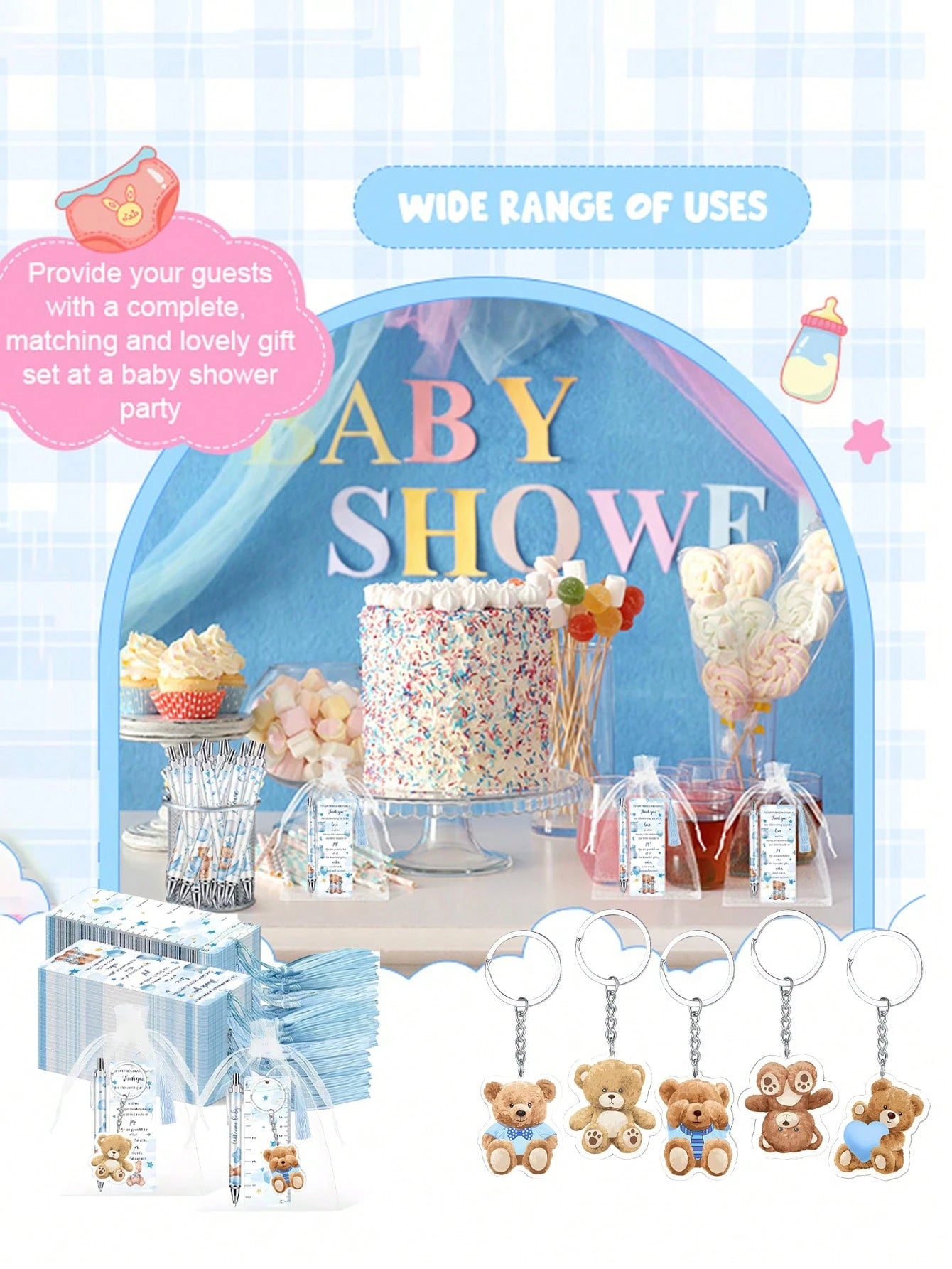 25pcs/5sets- Baby Bear Shower Party Favors: "Oh, Baby" Ballpoint Pens, Cute Bear Party Favor Keychains, Adorable Bear Thank You Card Bookmarks, And Organza Bag Tags- Perfect For Gender Reveal Partie