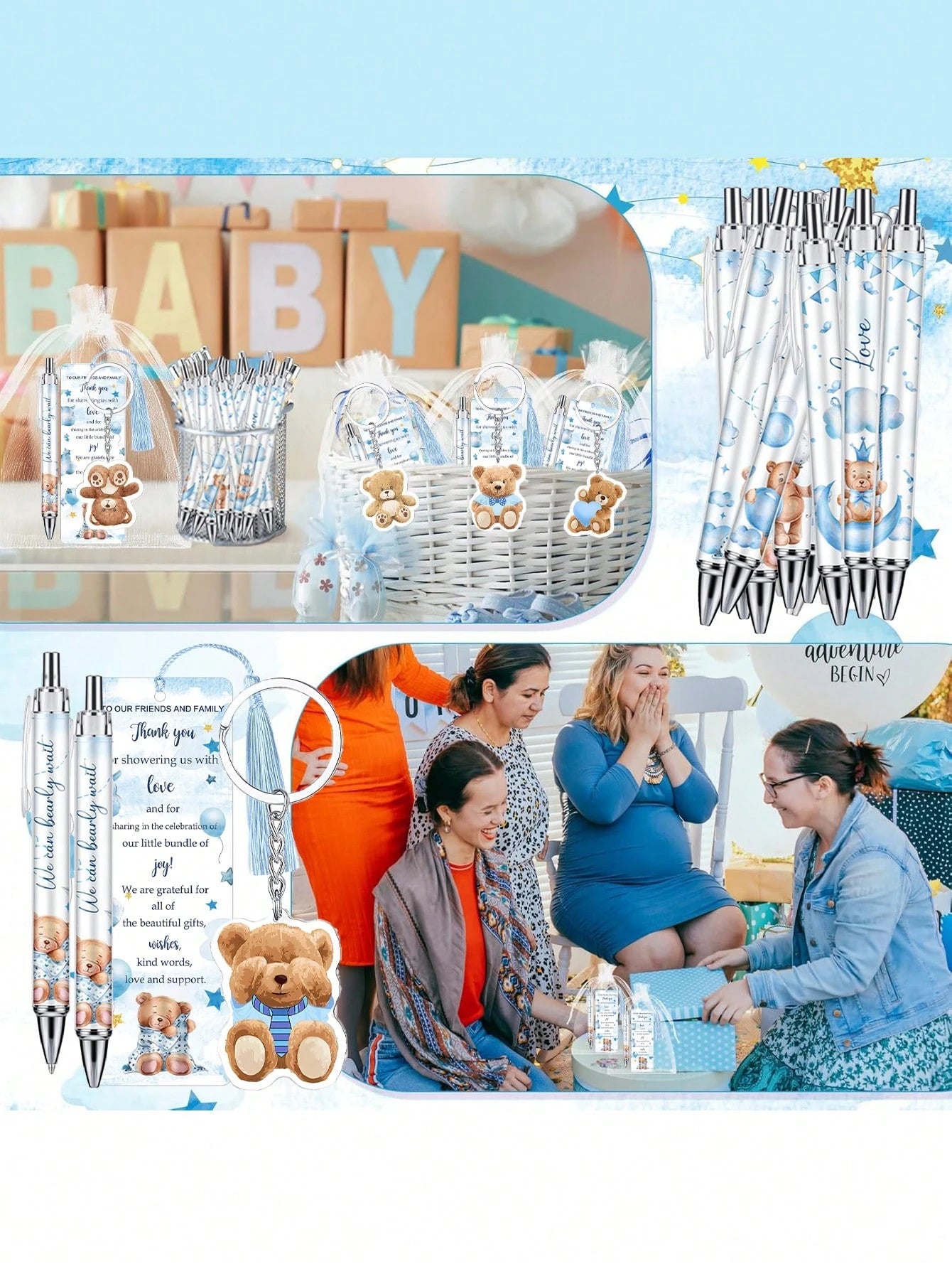 25pcs/5sets- Baby Bear Shower Party Favors: "Oh, Baby" Ballpoint Pens, Cute Bear Party Favor Keychains, Adorable Bear Thank You Card Bookmarks, And Organza Bag Tags- Perfect For Gender Reveal Partie