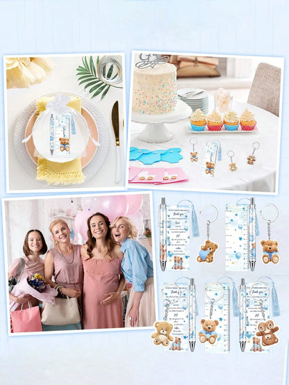 25pcs/5sets- Baby Bear Shower Party Favors: "Oh, Baby" Ballpoint Pens, Cute Bear Party Favor Keychains, Adorable Bear Thank You Card Bookmarks, And Organza Bag Tags- Perfect For Gender Reveal Partie