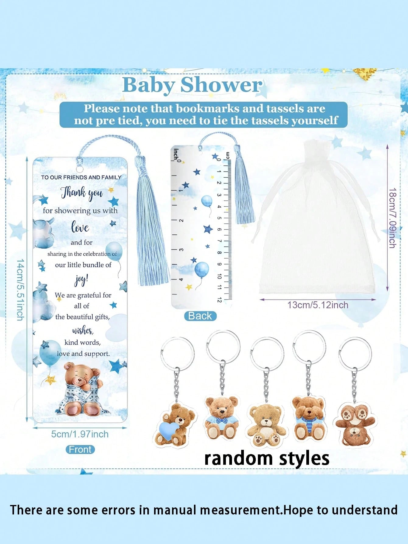 25pcs/5sets- Baby Bear Shower Party Favors: "Oh, Baby" Ballpoint Pens, Cute Bear Party Favor Keychains, Adorable Bear Thank You Card Bookmarks, And Organza Bag Tags- Perfect For Gender Reveal Partie