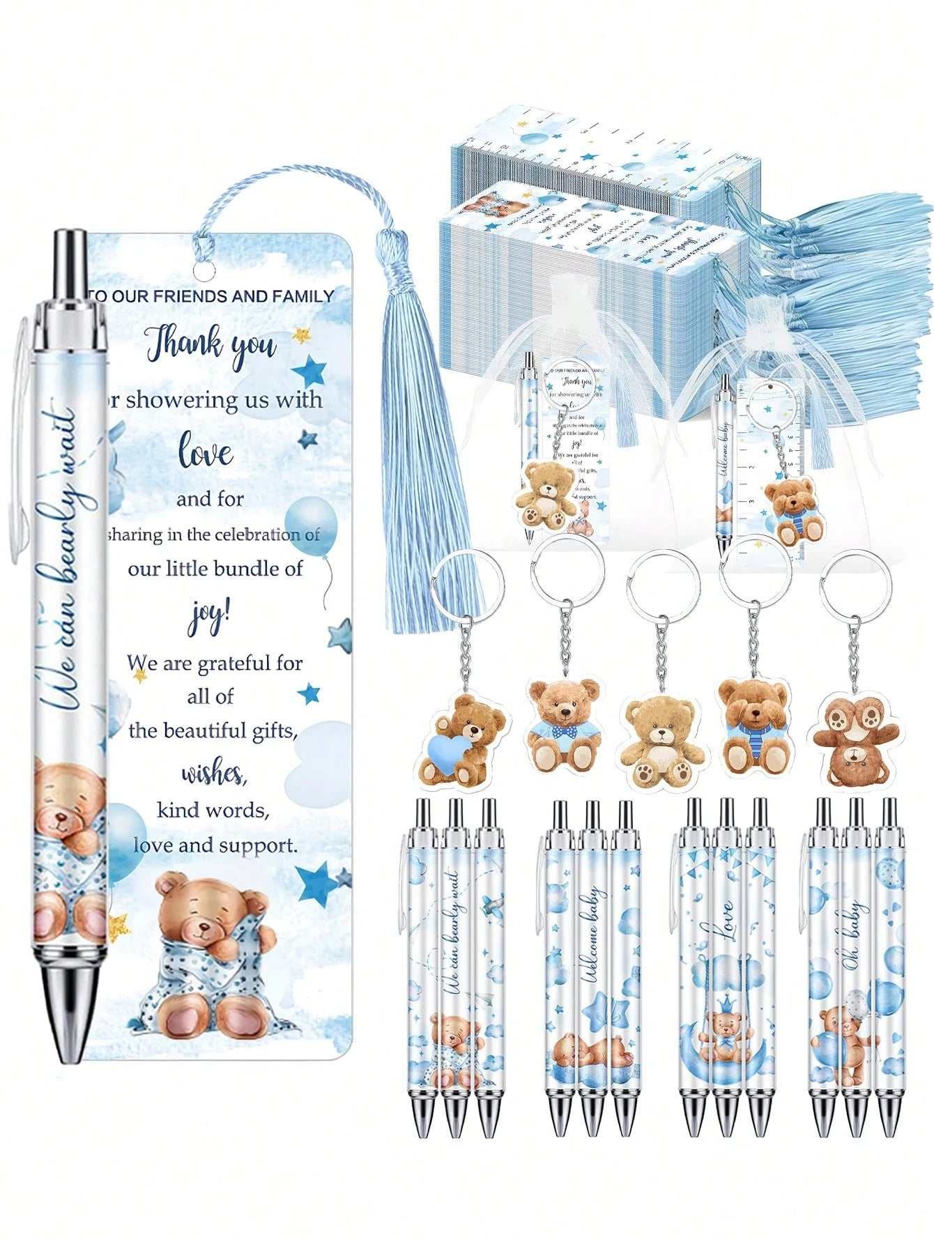25pcs/5sets- Baby Bear Shower Party Favors: "Oh, Baby" Ballpoint Pens, Cute Bear Party Favor Keychains, Adorable Bear Thank You Card Bookmarks, And Organza Bag Tags- Perfect For Gender Reveal Partie