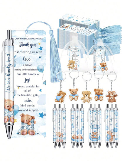 25pcs/5sets- Baby Bear Shower Party Favors: "Oh, Baby" Ballpoint Pens, Cute Bear Party Favor Keychains, Adorable Bear Thank You Card Bookmarks, And Organza Bag Tags- Perfect For Gender Reveal Partie