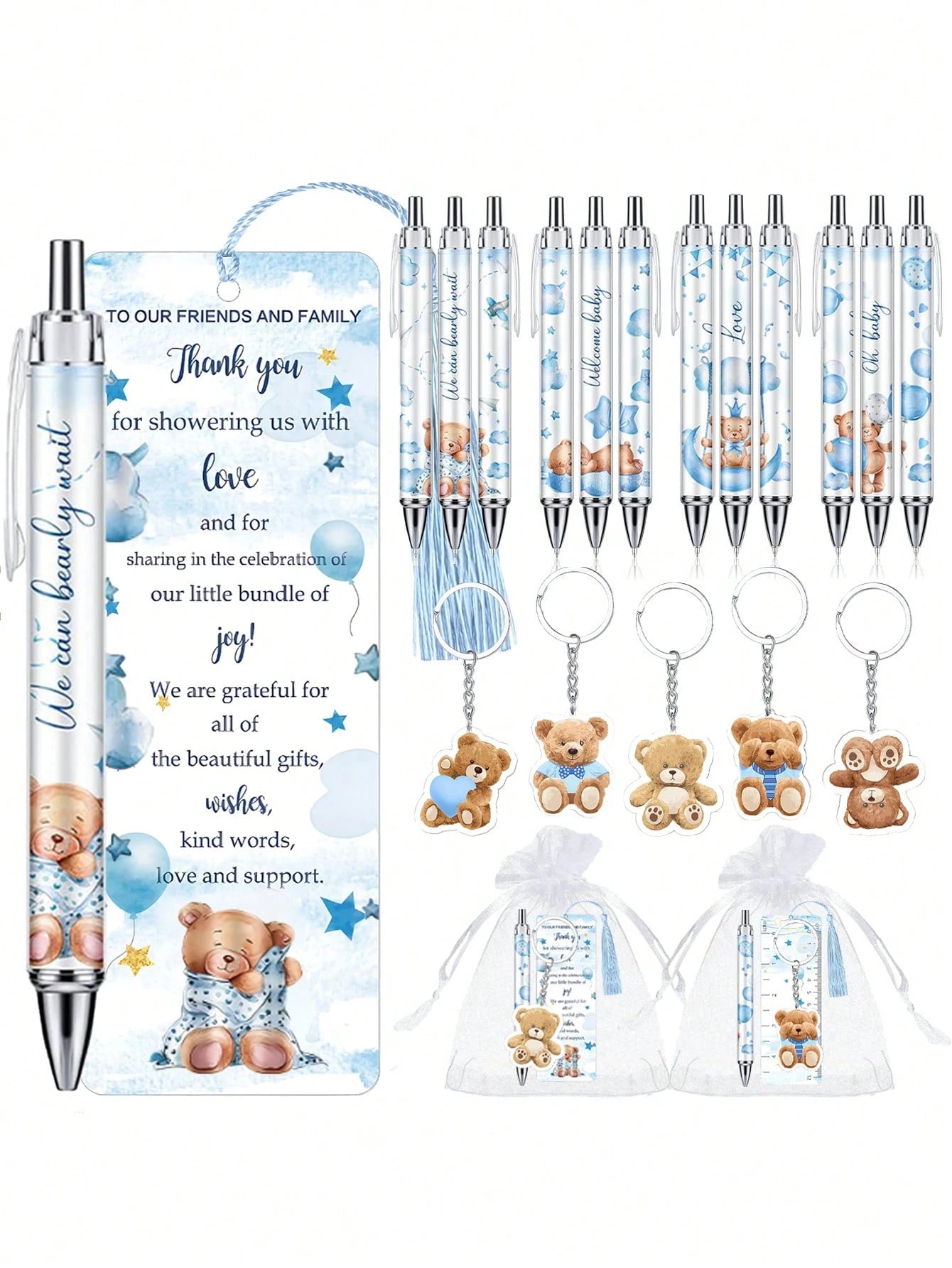 25pcs/5sets- Baby Bear Shower Party Favors: "Oh, Baby" Ballpoint Pens, Cute Bear Party Favor Keychains, Adorable Bear Thank You Card Bookmarks, And Organza Bag Tags- Perfect For Gender Reveal Partie