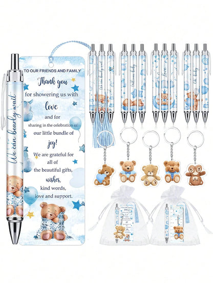 25pcs/5sets- Baby Bear Shower Party Favors: "Oh, Baby" Ballpoint Pens, Cute Bear Party Favor Keychains, Adorable Bear Thank You Card Bookmarks, And Organza Bag Tags- Perfect For Gender Reveal Partie