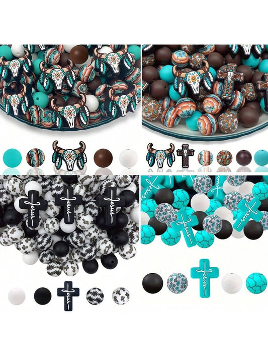 25PCS Highland Cow, Cross Vintage Pattern Silicone Beads Set, Suitable For DIY Crafts, Bracelet, Keychain And Jewelry Making- Silicone Material, Various Shapes And Sizes, Fashionable Animal Design, M