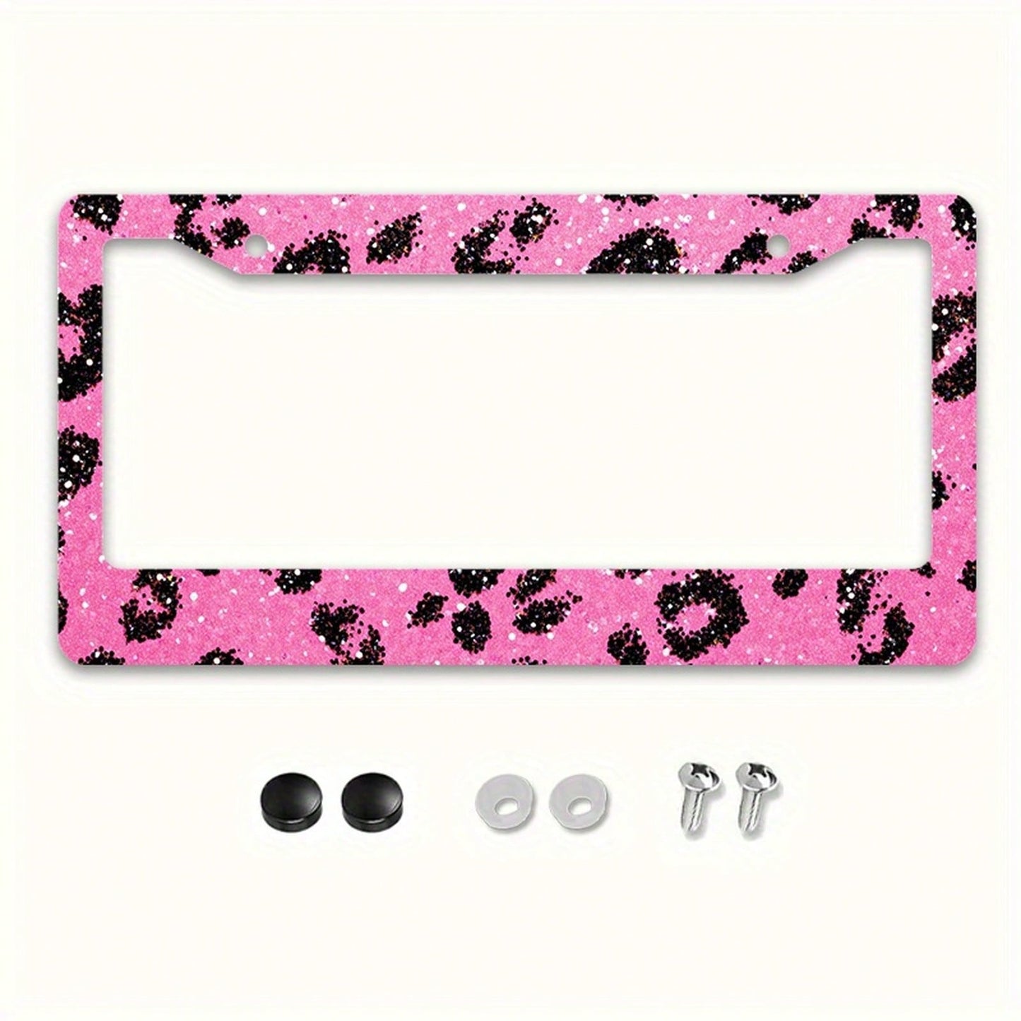 2D,1pc,12*6inch,Pink Glitter Black Leopard Print License Plate Frame, Metal Car Tag Holder With Full Screw Hardware Kit Auto Decor Accessory For Women