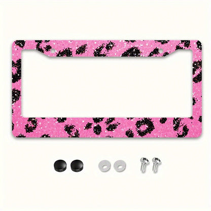 2D,1pc,12*6inch,Pink Glitter Black Leopard Print License Plate Frame, Metal Car Tag Holder With Full Screw Hardware Kit Auto Decor Accessory For Women
