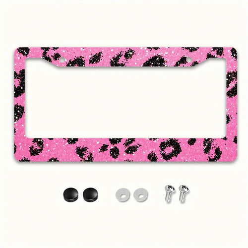 2D,1pc,12*6inch,Pink Glitter Black Leopard Print License Plate Frame, Metal Car Tag Holder With Full Screw Hardware Kit Auto Decor Accessory For Women