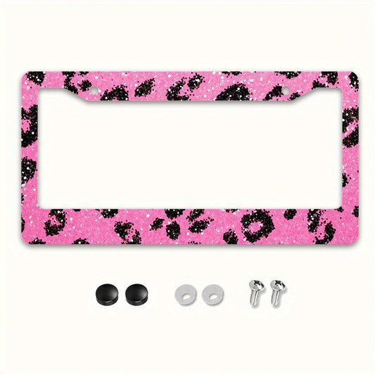 2D,1pc,12*6inch,Pink Glitter Black Leopard Print License Plate Frame, Metal Car Tag Holder With Full Screw Hardware Kit Auto Decor Accessory For Women