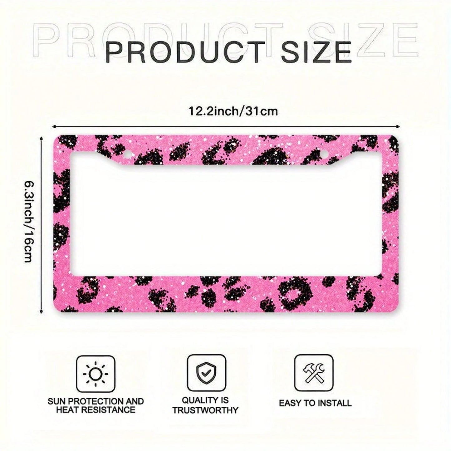 2D,1pc,12*6inch,Pink Glitter Black Leopard Print License Plate Frame, Metal Car Tag Holder With Full Screw Hardware Kit Auto Decor Accessory For Women