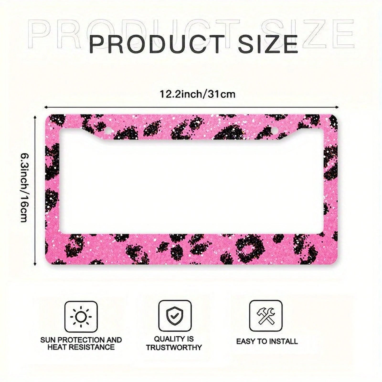 2D,1pc,12*6inch,Pink Glitter Black Leopard Print License Plate Frame, Metal Car Tag Holder With Full Screw Hardware Kit Auto Decor Accessory For Women