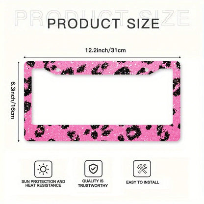 2D,1pc,12*6inch,Pink Glitter Black Leopard Print License Plate Frame, Metal Car Tag Holder With Full Screw Hardware Kit Auto Decor Accessory For Women