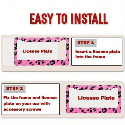 2D,1pc,12*6inch,Pink Glitter Black Leopard Print License Plate Frame, Metal Car Tag Holder With Full Screw Hardware Kit Auto Decor Accessory For Women