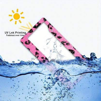 2D,1pc,12*6inch,Pink Glitter Black Leopard Print License Plate Frame, Metal Car Tag Holder With Full Screw Hardware Kit Auto Decor Accessory For Women