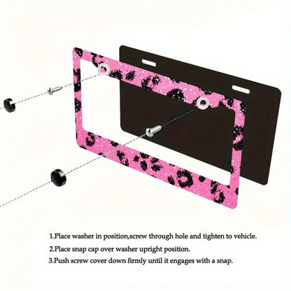2D,1pc,12*6inch,Pink Glitter Black Leopard Print License Plate Frame, Metal Car Tag Holder With Full Screw Hardware Kit Auto Decor Accessory For Women