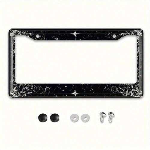 2D Flat 1 Metal License Plate Frame| Star And Swirl Design, Universal Fit, Suitable For American And Most International Vehicles, Includes Mounting Screws- Perfect Halloween Car Accessory (12x6 Inch