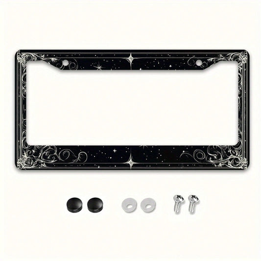 2D Flat 1 Metal License Plate Frame| Star And Swirl Design, Universal Fit, Suitable For American And Most International Vehicles, Includes Mounting Screws- Perfect Halloween Car Accessory (12x6 Inch
