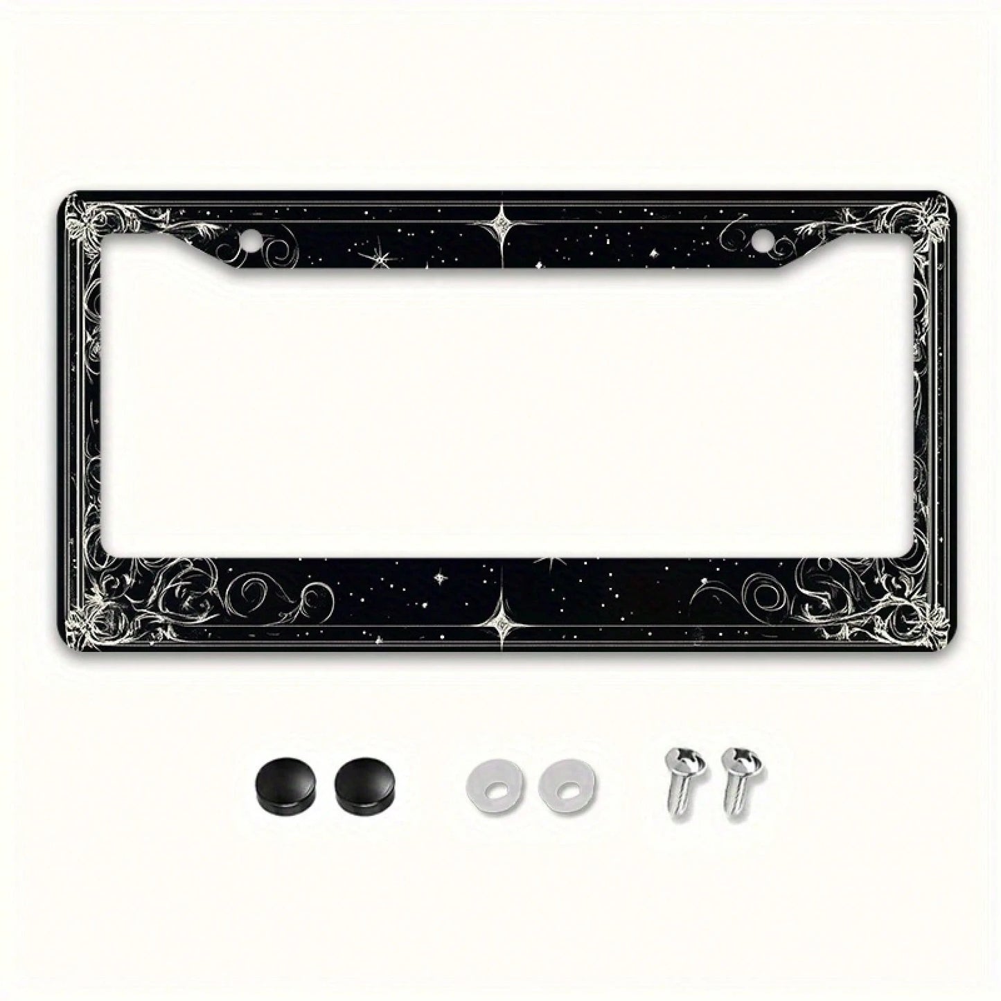 2D Flat 1 Metal License Plate Frame| Star And Swirl Design, Universal Fit, Suitable For American And Most International Vehicles, Includes Mounting Screws- Perfect Halloween Car Accessory (12x6 Inch