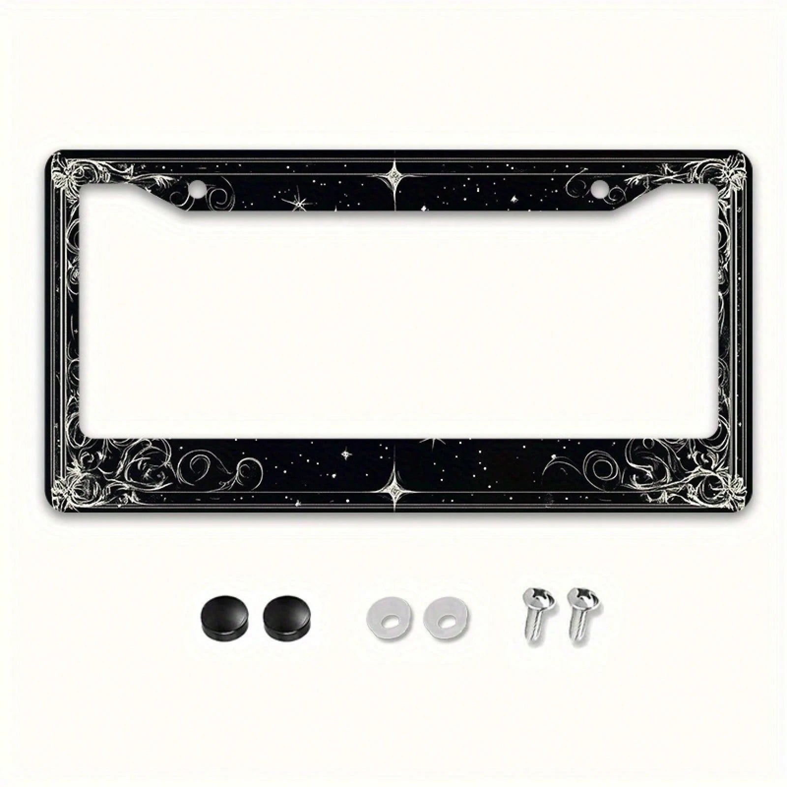 2D Flat 1 Metal License Plate Frame| Star And Swirl Design, Universal Fit, Suitable For American And Most International Vehicles, Includes Mounting Screws- Perfect Halloween Car Accessory (12x6 Inch