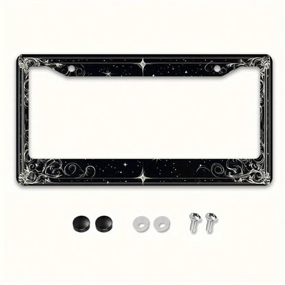 2D Flat 1 Metal License Plate Frame| Star And Swirl Design, Universal Fit, Suitable For American And Most International Vehicles, Includes Mounting Screws- Perfect Halloween Car Accessory (12x6 Inch