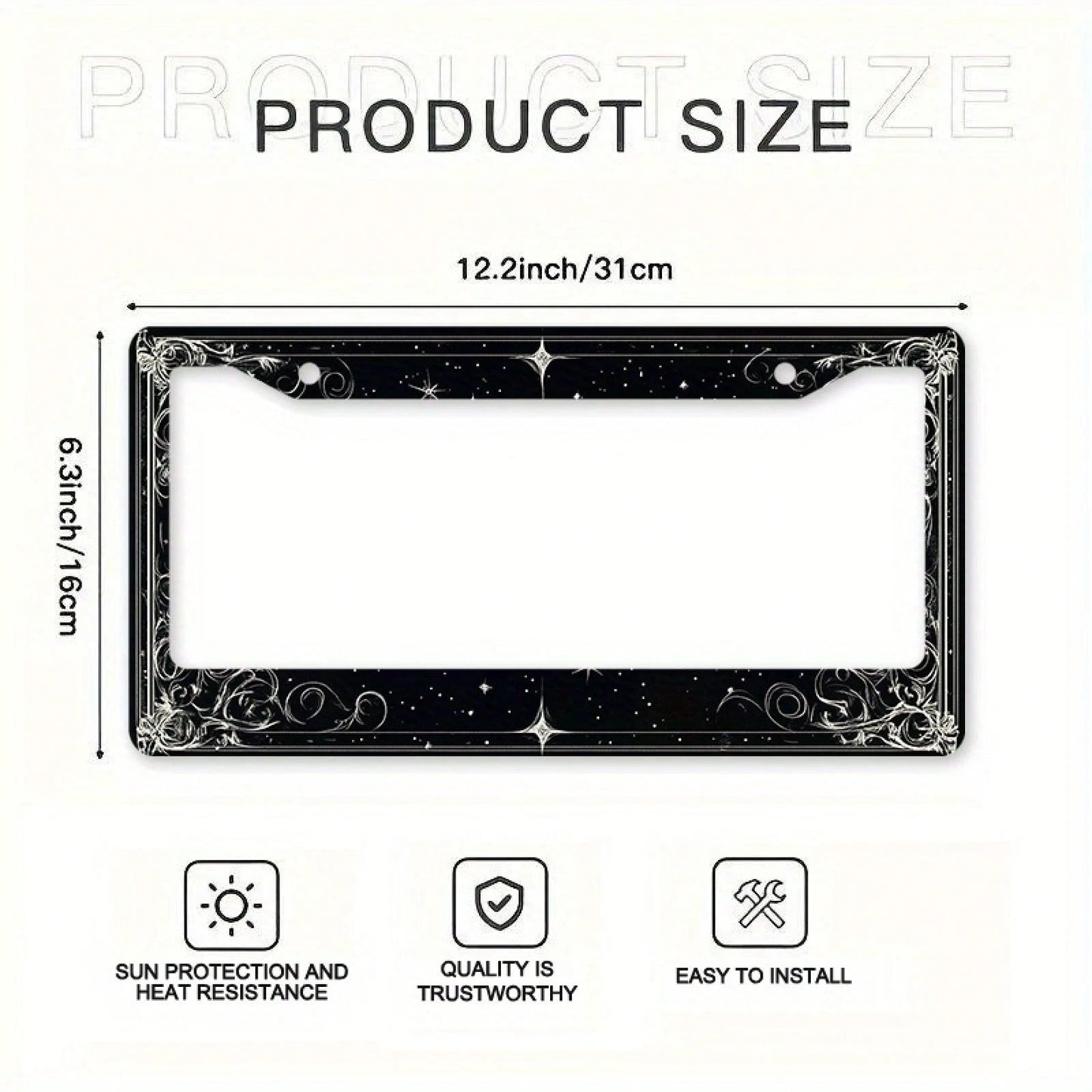 2D Flat 1 Metal License Plate Frame| Star And Swirl Design, Universal Fit, Suitable For American And Most International Vehicles, Includes Mounting Screws- Perfect Halloween Car Accessory (12x6 Inch