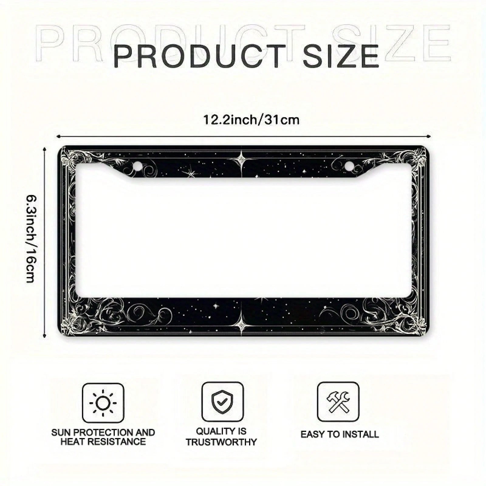 2D Flat 1 Metal License Plate Frame| Star And Swirl Design, Universal Fit, Suitable For American And Most International Vehicles, Includes Mounting Screws- Perfect Halloween Car Accessory (12x6 Inch