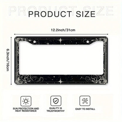 2D Flat 1 Metal License Plate Frame| Star And Swirl Design, Universal Fit, Suitable For American And Most International Vehicles, Includes Mounting Screws- Perfect Halloween Car Accessory (12x6 Inch