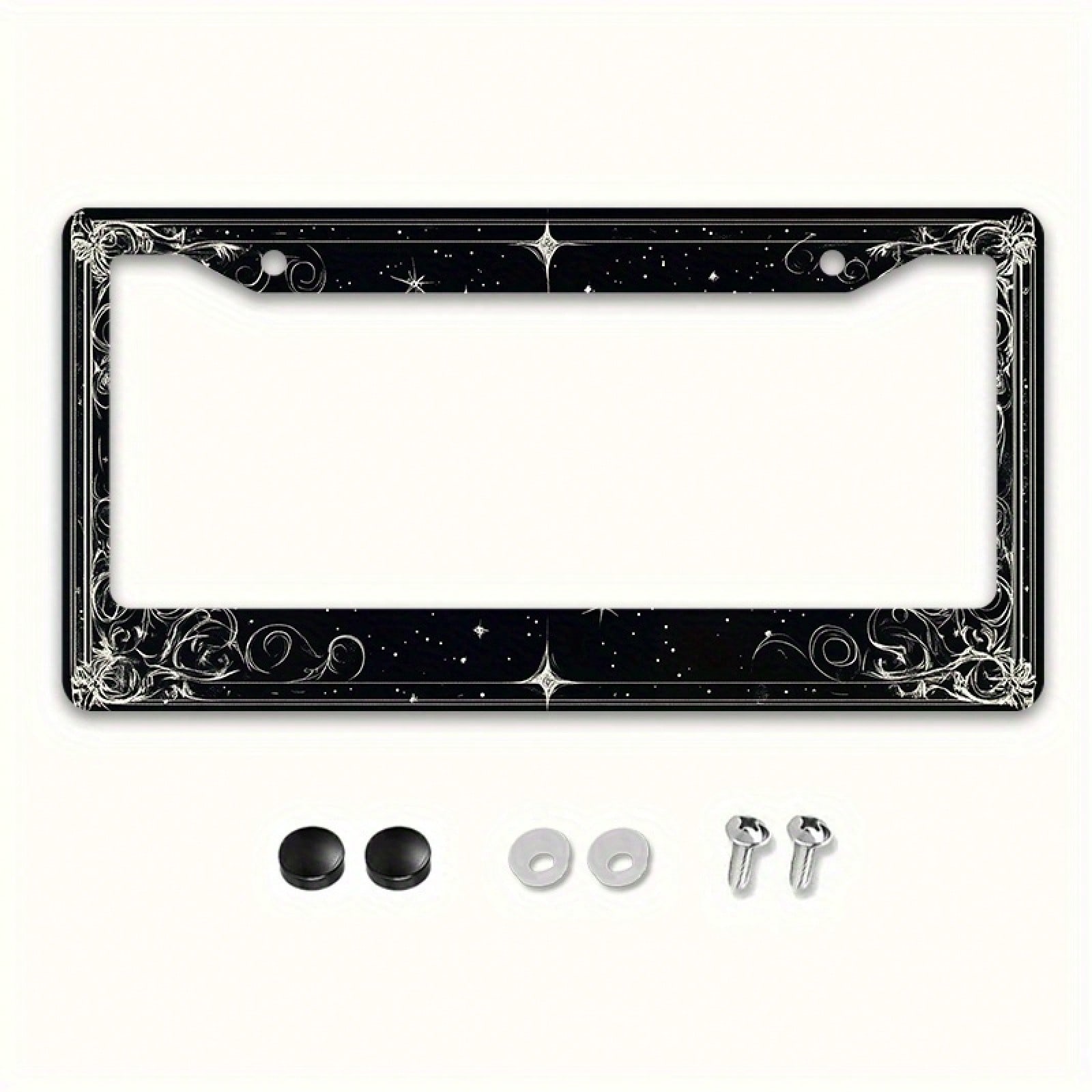 2D Flat 1 Metal License Plate Frame| Star And Swirl Design, Universal Fit, Suitable For American And Most International Vehicles, Includes Mounting Screws- Perfect Halloween Car Accessory (12x6 Inch