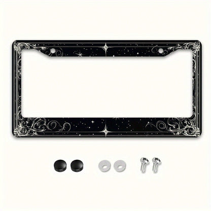 2D Flat 1 Metal License Plate Frame| Star And Swirl Design, Universal Fit, Suitable For American And Most International Vehicles, Includes Mounting Screws- Perfect Halloween Car Accessory (12x6 Inch
