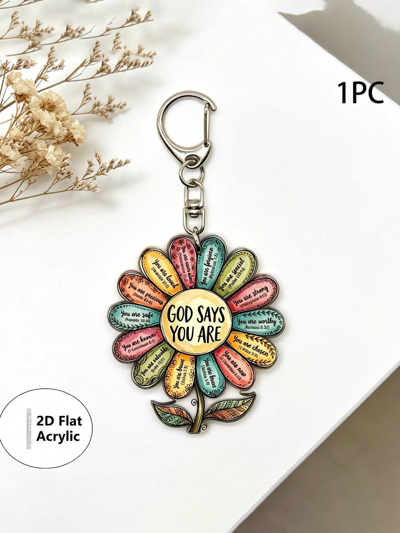 2D Flat Single Piece "God Says You Are" Flower Acrylic Keychain, Bible Verse Pendant Key Chain, Inspirational Bag Decoration, Gift For Fans