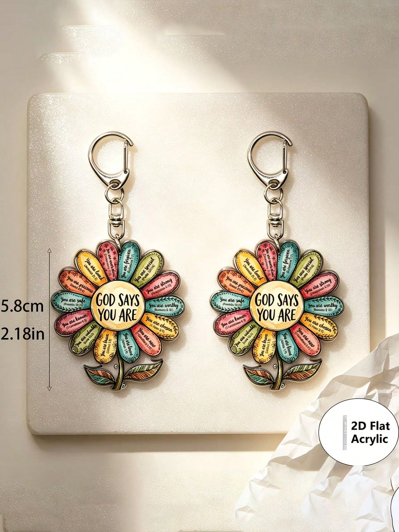 2D Flat Single Piece "God Says You Are" Flower Acrylic Keychain, Bible Verse Pendant Key Chain, Inspirational Bag Decoration, Gift For Fans