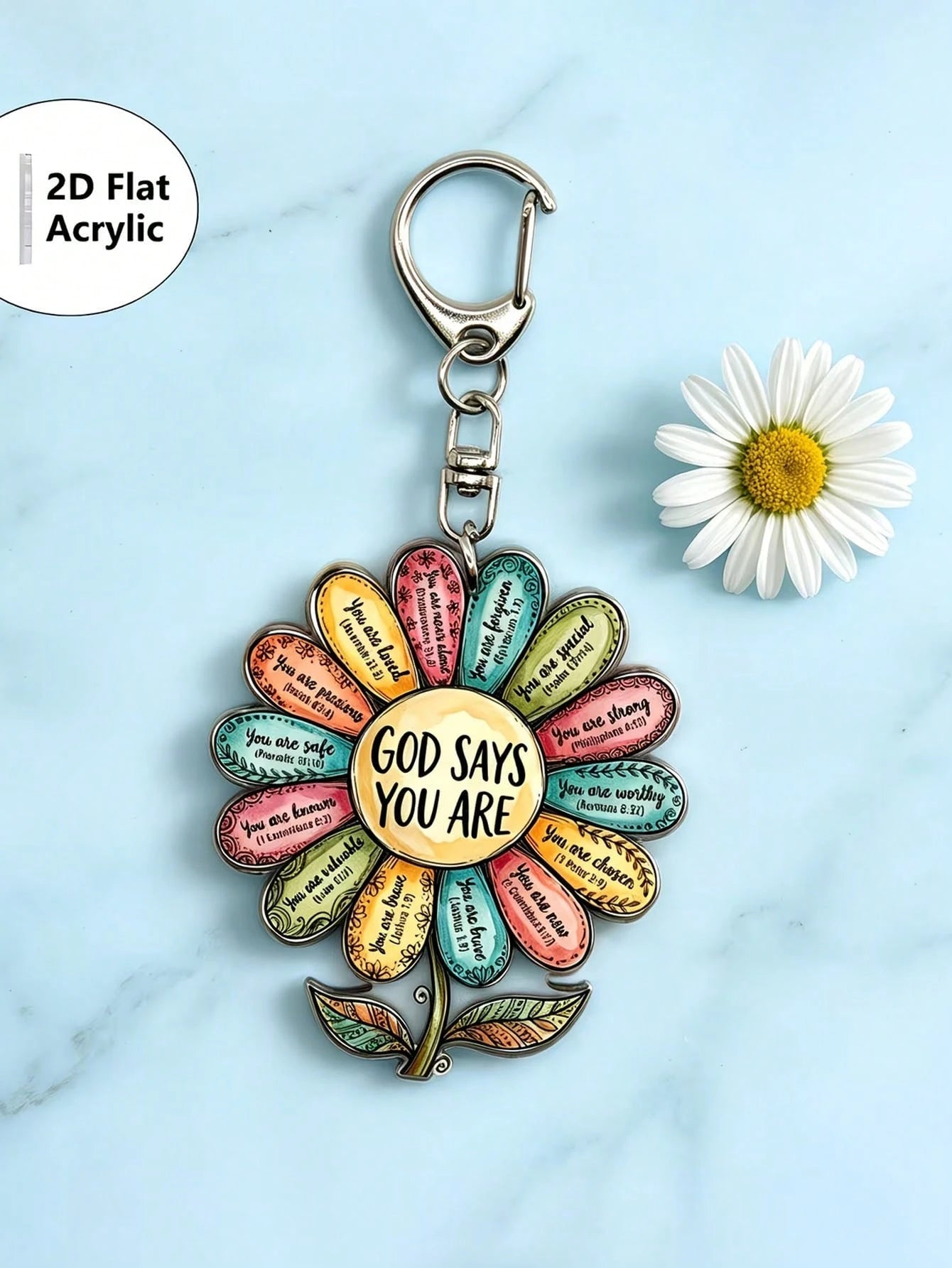 2D Flat Single Piece "God Says You Are" Flower Acrylic Keychain, Bible Verse Pendant Key Chain, Inspirational Bag Decoration, Gift For Fans